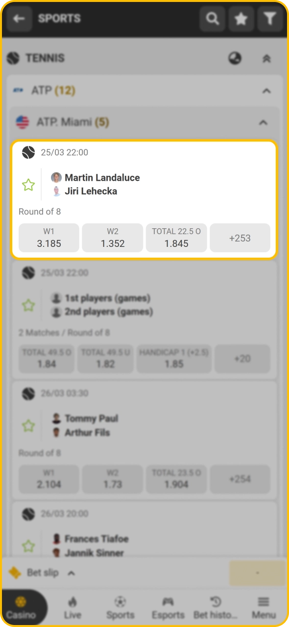 Select tennis match and open it to place bet at Melbet sportsbook.